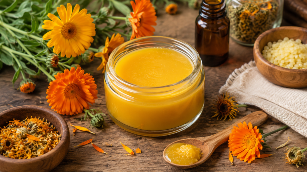 Homemade calendula healing salve with calendula flowers, dried herbs, beeswax, and a wooden spoon for natural home apothecary recipes.