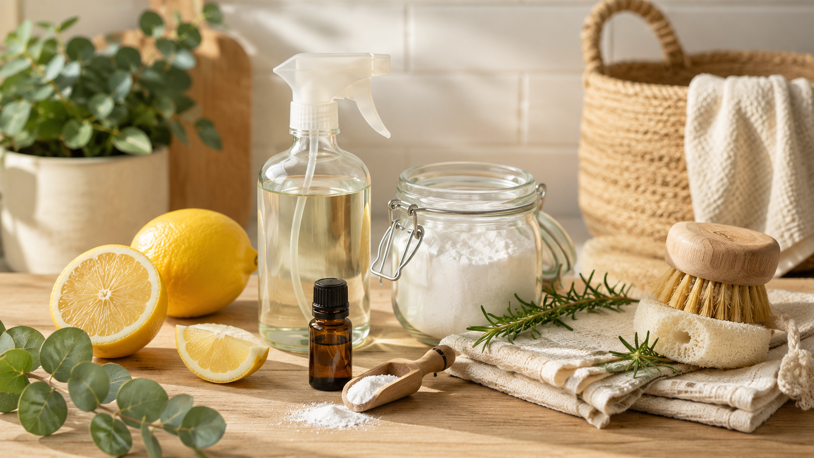 Homemade natural cleaning products with lemon, baking soda, essential oil, vinegar spray, and eco-friendly cleaning tools on a wooden kitchen counter.