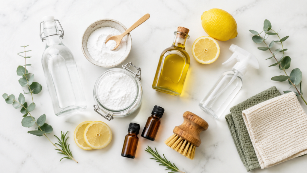 Natural cleaning products arranged on a bright marble background with baking soda, lemons, vinegar, olive oil, essential oils, spray bottle, cloths, and scrub brush.
