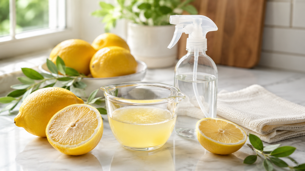 Lemon juice as a natural cleaning products ingredient with fresh lemons, homemade cleaning spray bottle, and glass bowl on a sunny kitchen counter.