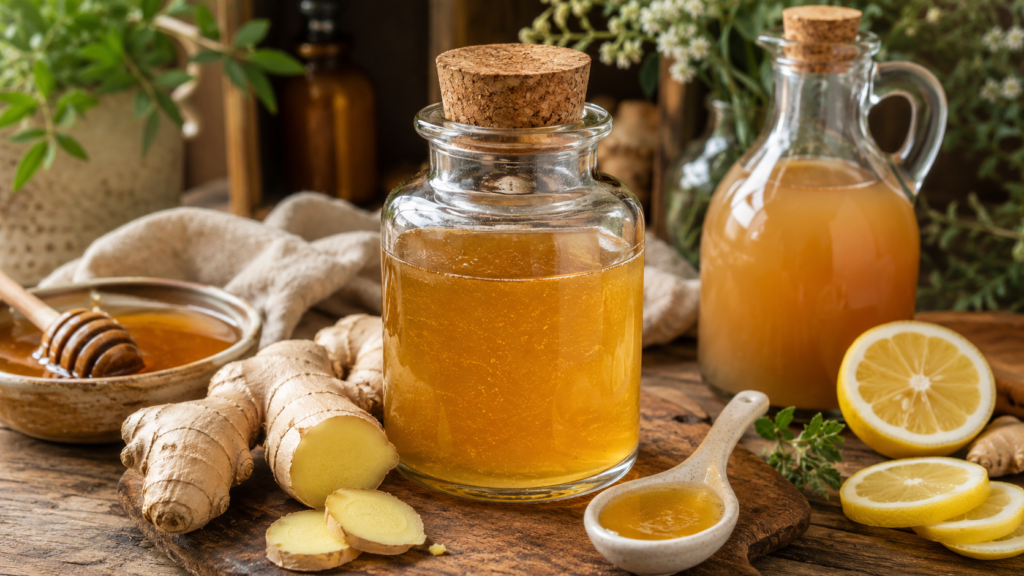 omemade ginger-honey oxymel with fresh ginger, honey, vinegar, lemon, and herbal ingredients for simple home apothecary recipes.