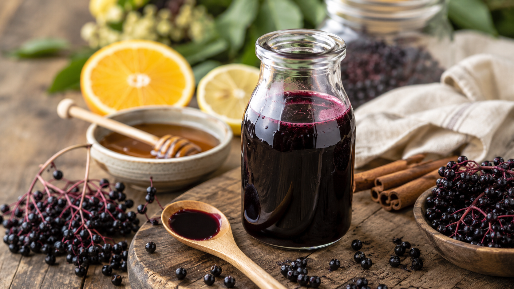 Homemade elderberry immune syrup with elderberries, honey, cinnamon, and citrus for a cozy home apothecary recipe.