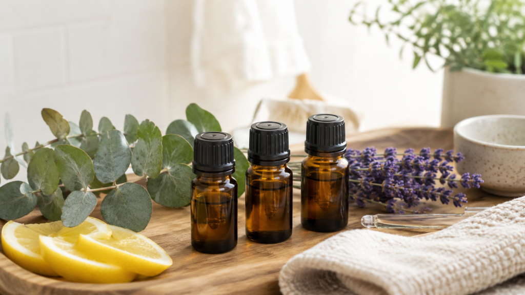 Essential oils used in natural cleaning products with lemon, eucalyptus, lavender, and amber oil bottles in a bright natural home setting.