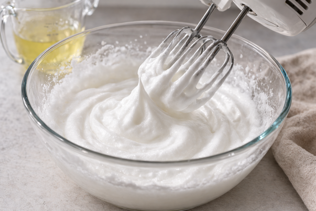 Egg whites whipped to stiff peaks in a glass mixing bowl with a hand mixer on a light kitchen counter