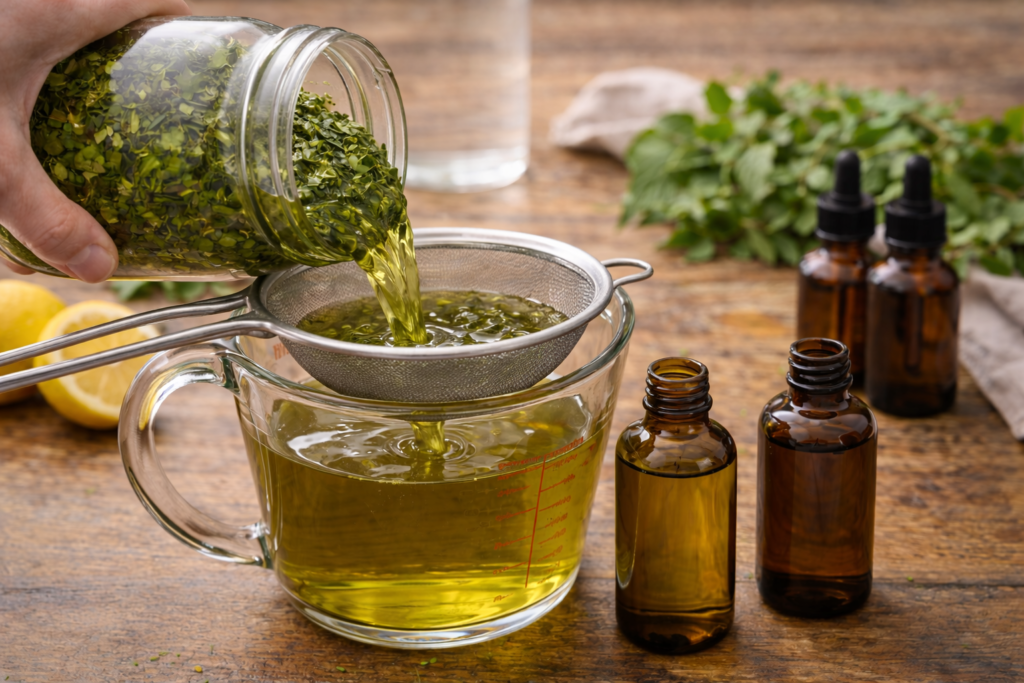 After several weeks strain the liquid into glass bottles.