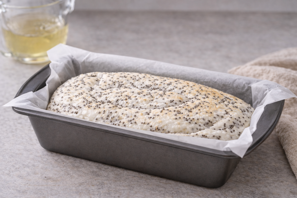 Freshly baked egg white chia bread in a loaf pan, lightly golden on top and still mostly white