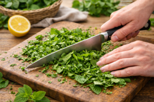 Chopping fresh lemon balm leaves