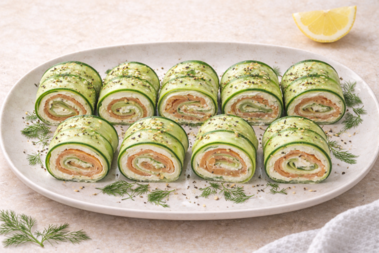 Finished Cucumber Rolls filled with smoked salmon and cream cheese, sliced into bite sized pinwheels and served on a white plate with dill and sesame seeds.