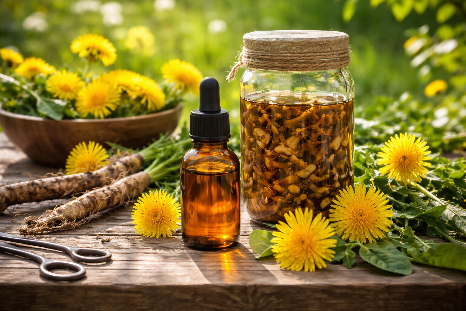 Homemade dandelion tincture in an amber bottle surrounded by fresh dandelion flowers and roots on a rustic wooden surface.
