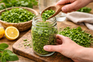 Fill a clean jar about three quarters full with the herb.