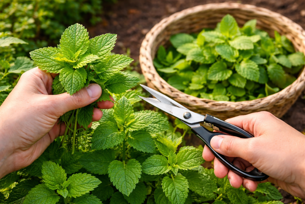 Harvesting fresh lemon balm leaves
