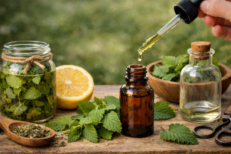 Homemade lemon balm tincture with fresh lemon balm leaves, dropper bottle, and glass jar on a rustic wooden table.