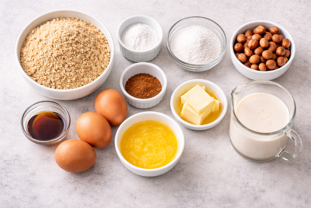 Ingredients for keto hazelnut cake arranged on a light surface, including ground hazelnuts, eggs, butter, almond milk, cinnamon, vanilla, baking powder, sweetener, and whole hazelnuts.