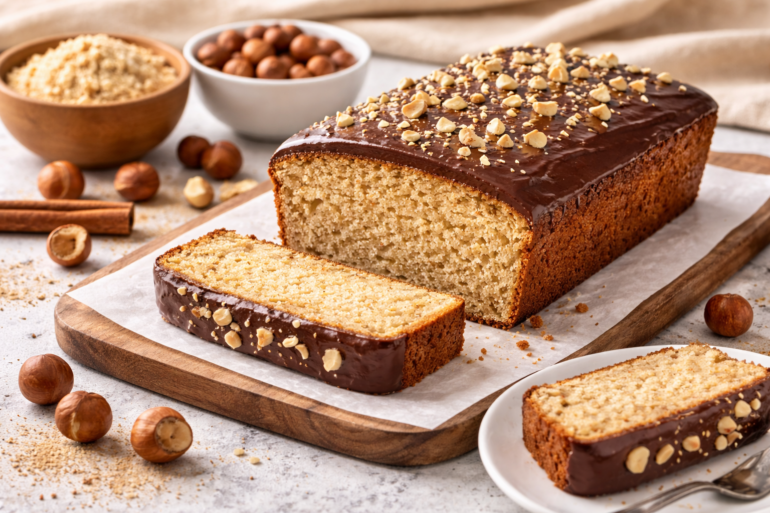 Keto hazelnut cake with chocolate topping on a wooden board, served with sliced pieces and whole hazelnuts in a bright kitchen setting.