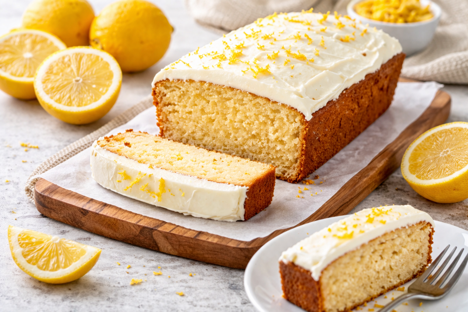 Keto lemon cake loaf with cream cheese frosting on a wooden board, served with sliced pieces and fresh lemons in a bright kitchen setting.