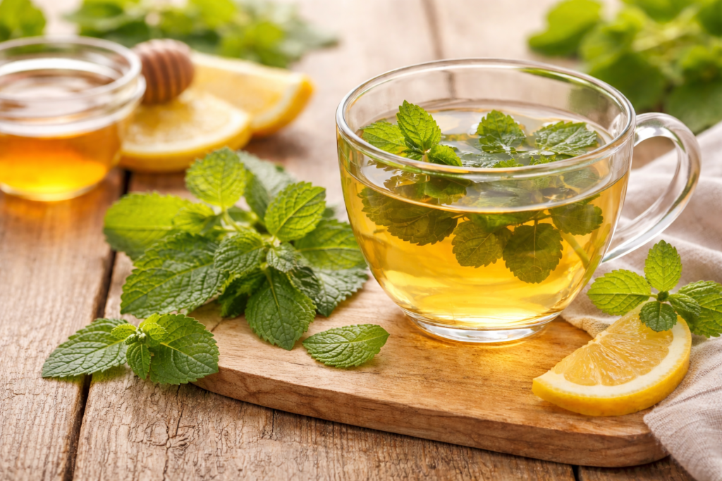 Fresh and dried lemon balm tea ingredients on a wooden board with lemon slices, honey, and a cup of hot water.