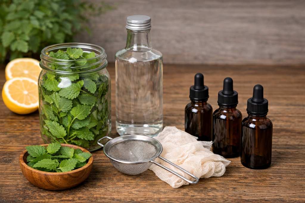 Equipment and Ingredients for homemade lemon balm tincture including fresh lemon balm leaves, vodka, glass jar, strainer, cheesecloth, and dark dropper bottles.