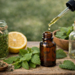 Homemade lemon balm tincture with fresh lemon balm leaves, dropper bottle, and glass jar on a rustic wooden table.