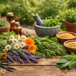 Rustic garden scene with fresh medicinal herbs including chamomile, calendula, lavender, rosemary, mint, and sage arranged on a wooden table outdoors. Medicinal Herbs to Grow at Home.