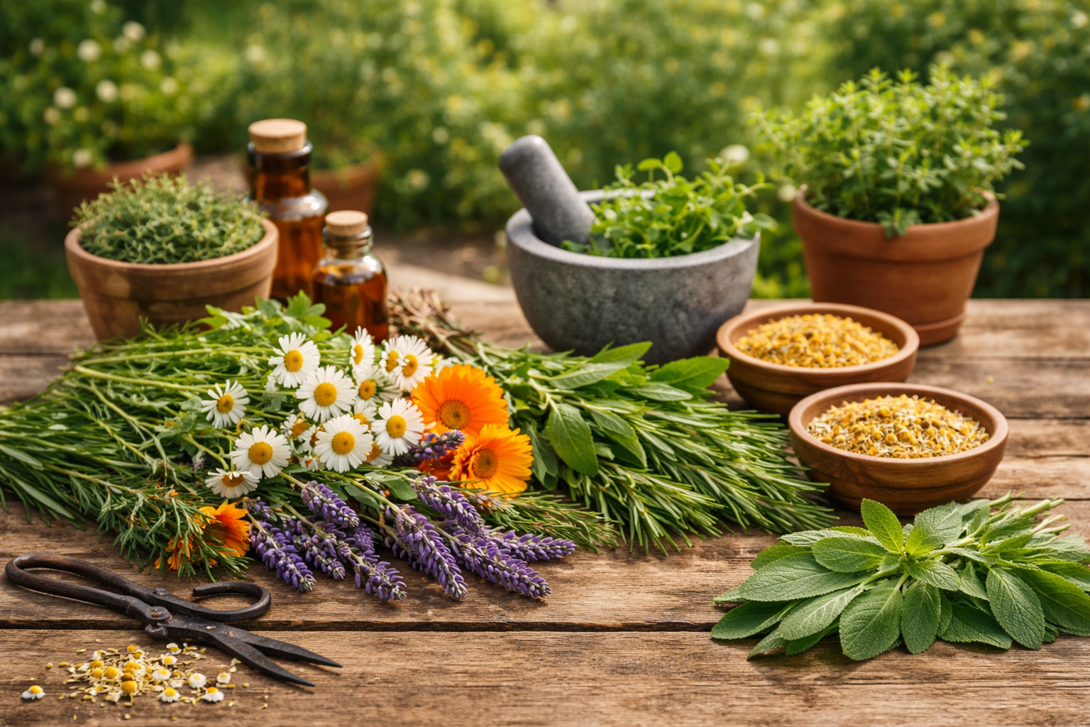Rustic garden scene with fresh medicinal herbs including chamomile, calendula, lavender, rosemary, mint, and sage arranged on a wooden table outdoors. Medicinal Herbs to Grow at Home.