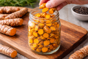 Place the chopped turmeric into a clean jar