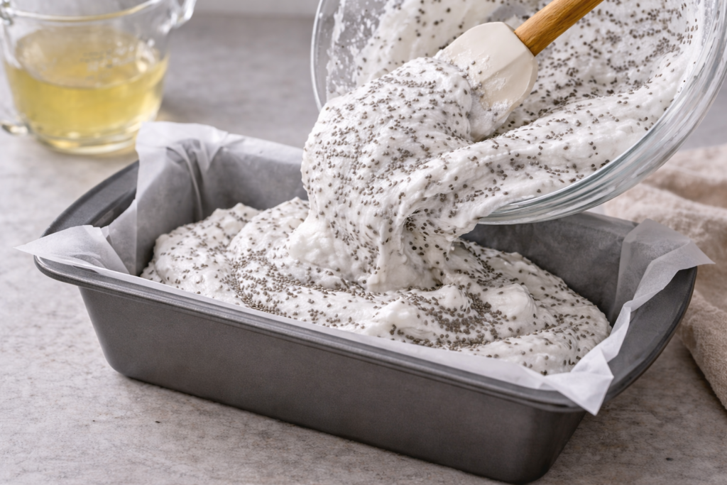 Cloud bread mixture with chia seeds being poured into a parchment lined loaf pan