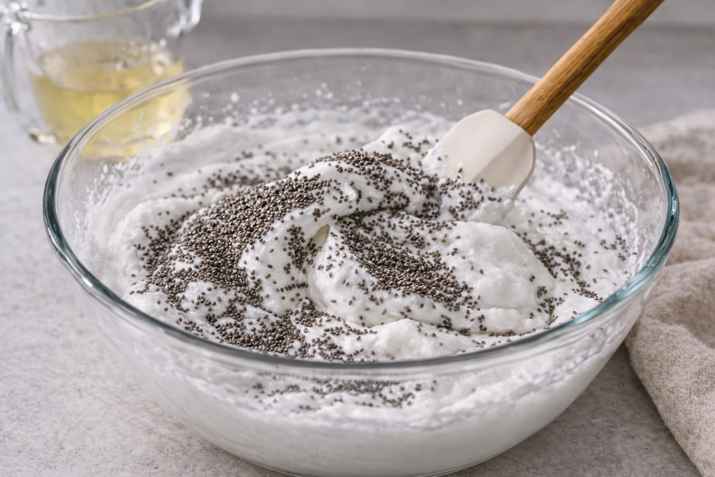 Chia seeds and a pinch of salt folded into whipped egg whites with a spatula in a glass bowl