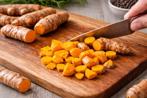 Wash and chop the turmeric root.