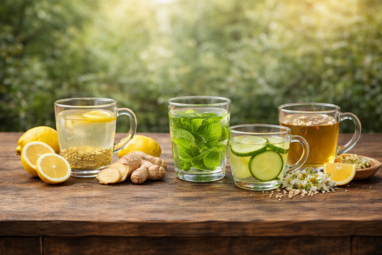 What to drink for a bloated stomach featuring ginger lemon water, mint water, cucumber water, and herbal tea on a rustic wooden table with fresh natural ingredients
