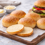 Soft and fluffy keto buns with sesame seeds on a wooden board, sliced to show texture, perfect as low carb hamburger buns