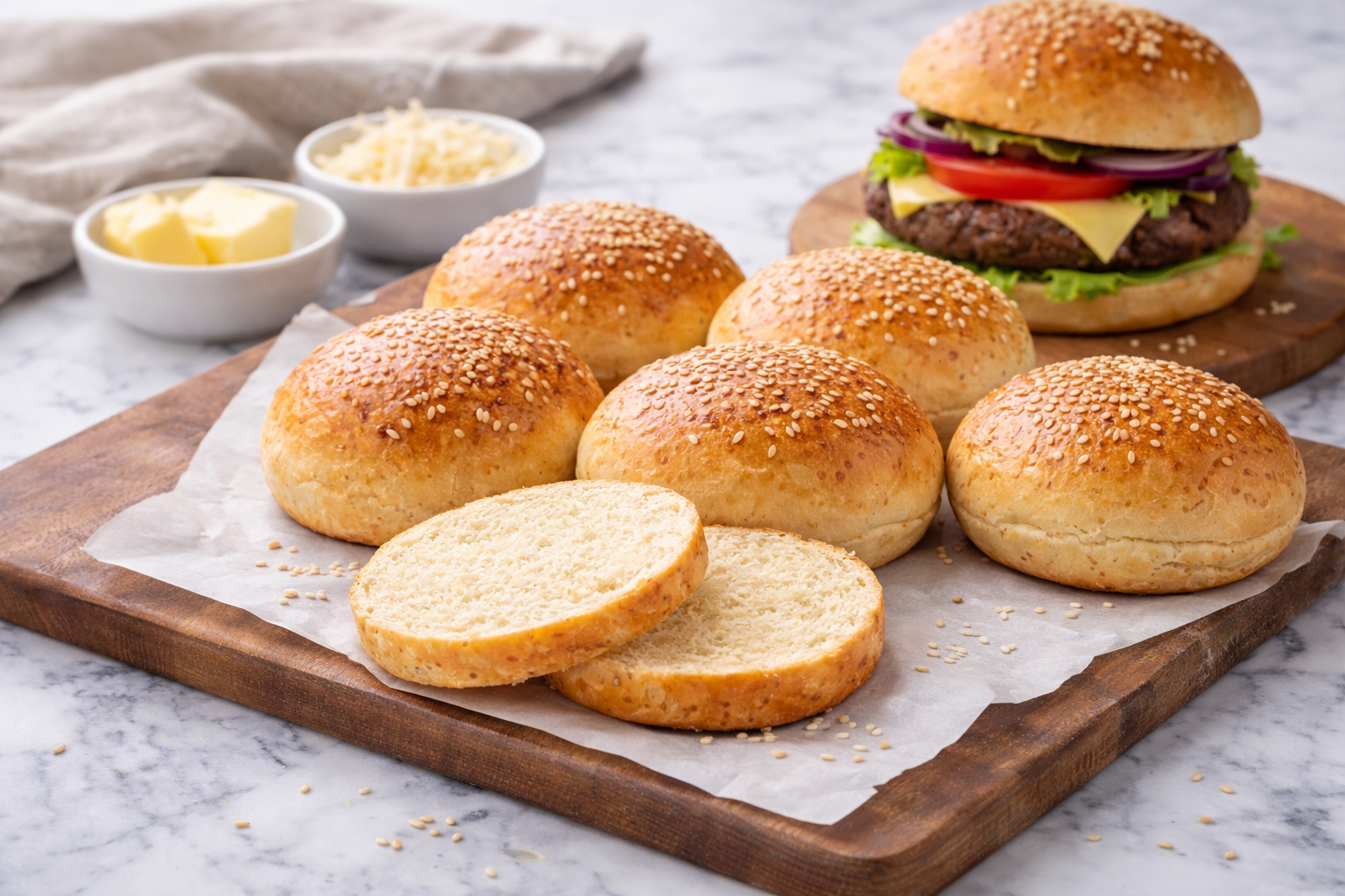 Soft and fluffy keto buns with sesame seeds on a wooden board, sliced to show texture, perfect as low carb hamburger buns