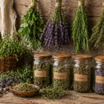 How to dry herbs at home with hanging herb bundles, labeled glass jars of dried mint, rosemary, thyme, lavender and oregano, fresh herbs in a basket and rustic farmhouse kitchen decor