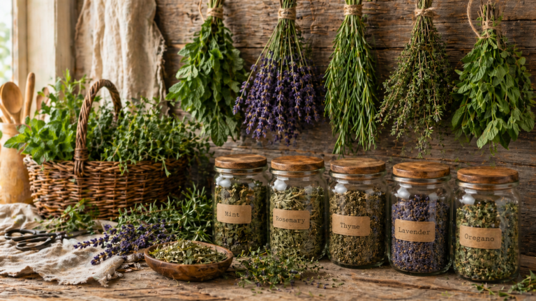 How to dry herbs at home with hanging herb bundles, labeled glass jars of dried mint, rosemary, thyme, lavender and oregano, fresh herbs in a basket and rustic farmhouse kitchen decor