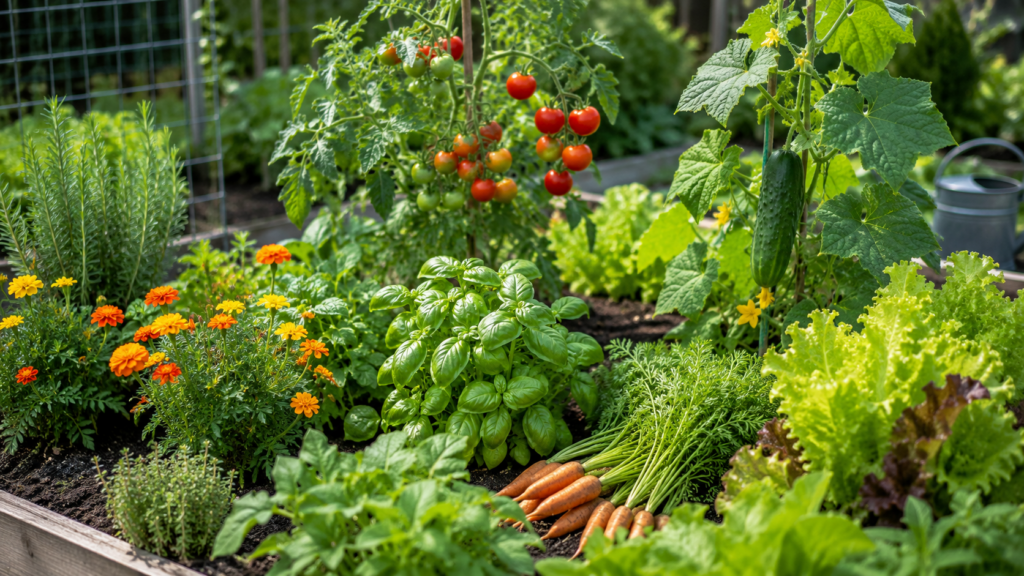 Companion planting garden with tomatoes, basil, marigolds, cucumbers, lettuce and carrots growing together in a sunny raised bed