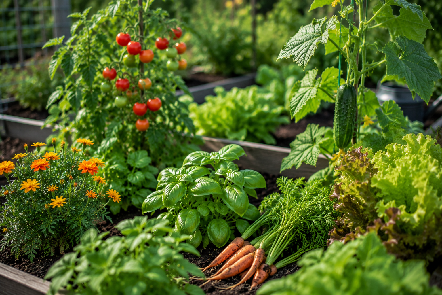 Companion planting garden with tomatoes, basil, marigolds, cucumbers, lettuce and carrots growing together in a sunny raised bed